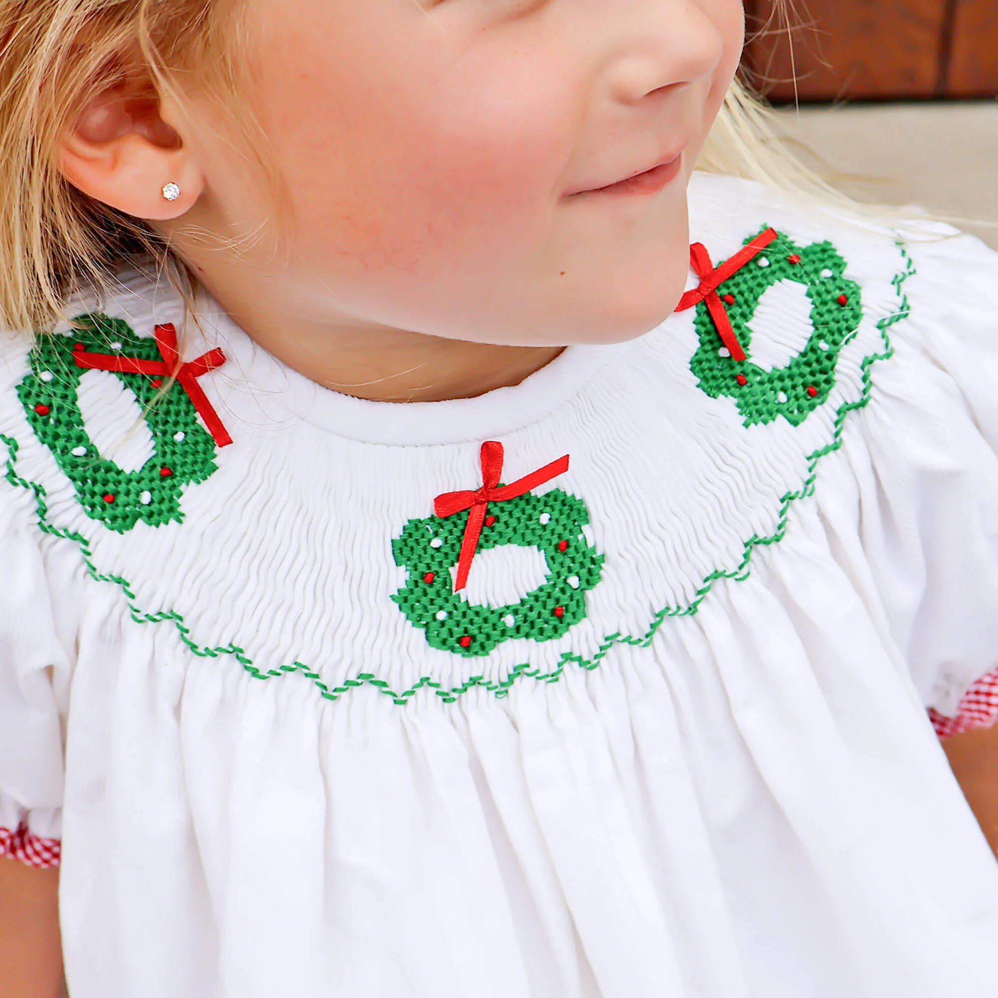 Wreath Smocked White Corduroy Bloomer Set - Image 3