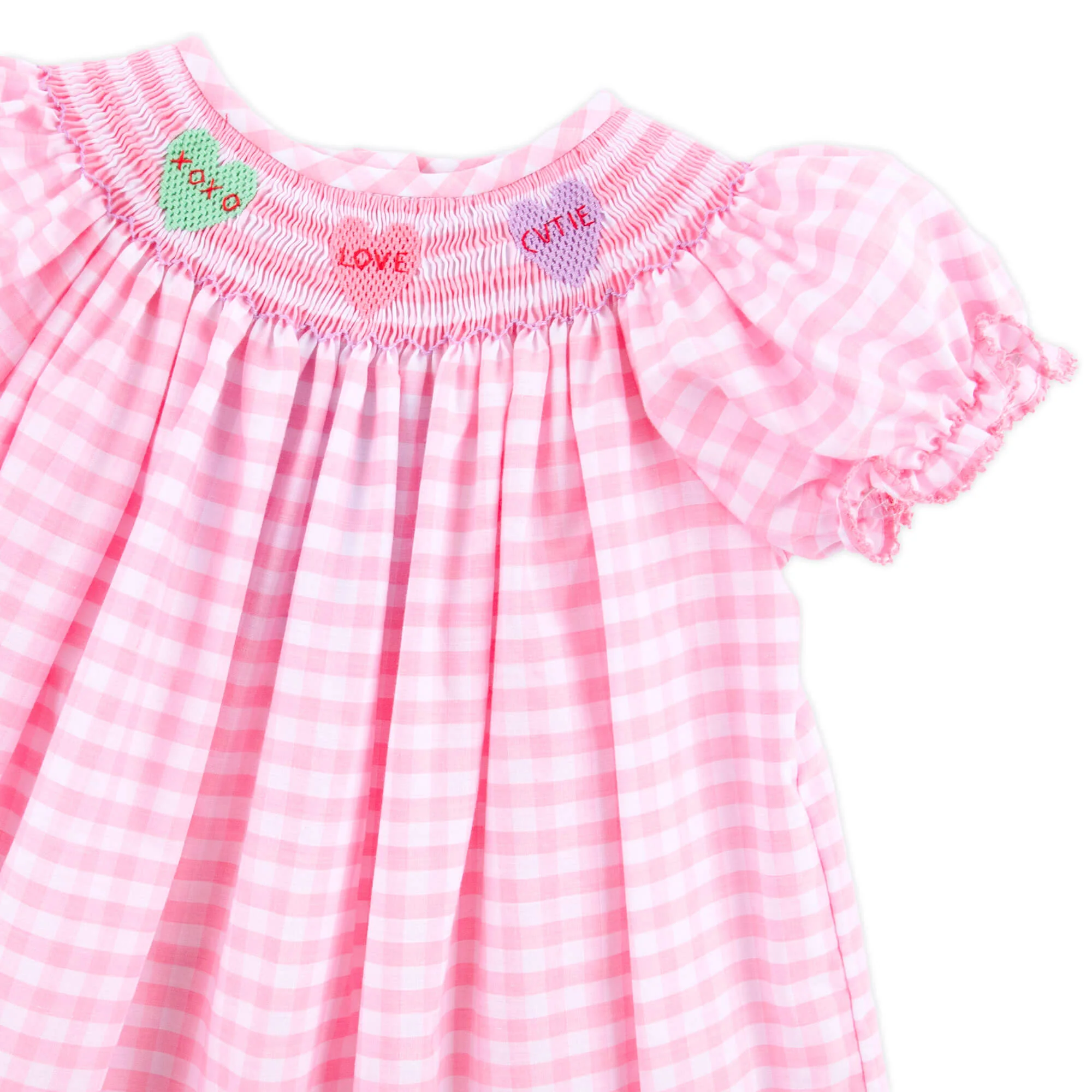 Candy Hearts Pink Gingham Smocked Bishop Dress - Image 2