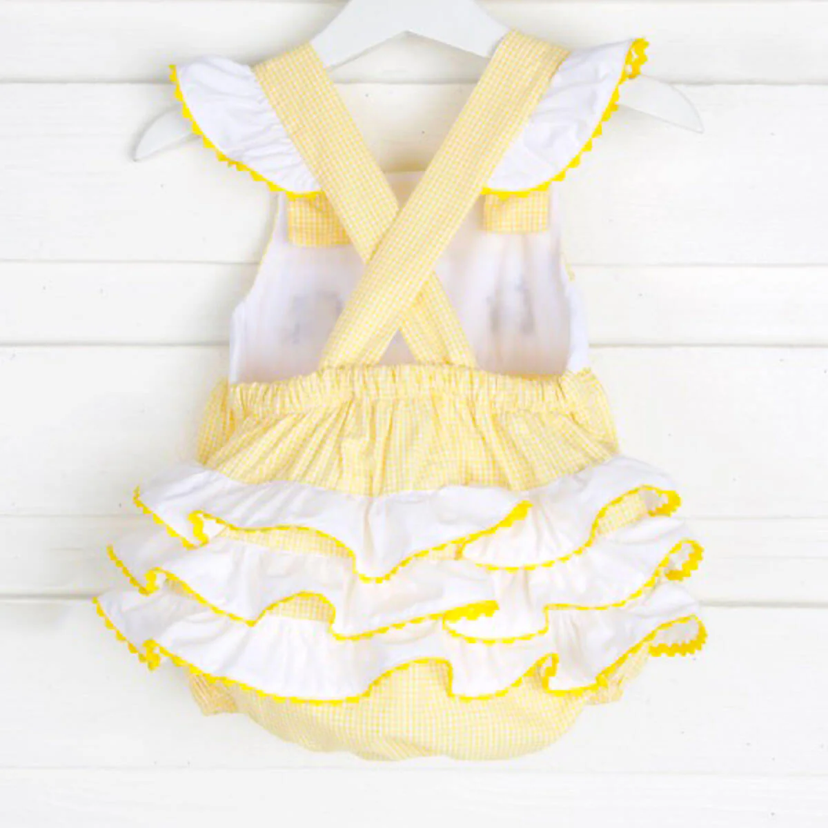 Yellow Gingham Bee Smocked Ruffle Bubble - Image 2