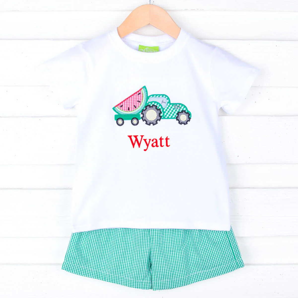 Sweet Watermelon Applique Green Gingham Short Set - Image 2