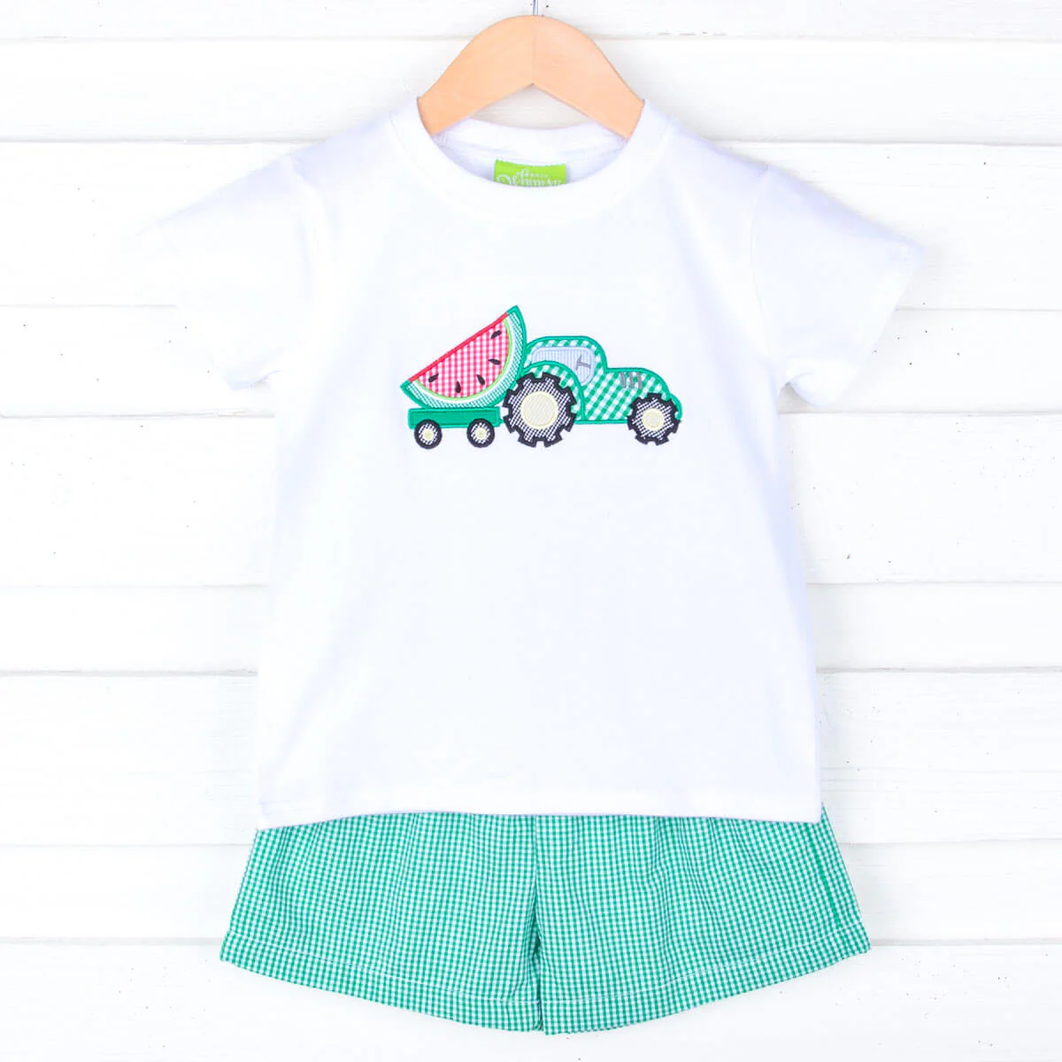 Sweet Watermelon Applique Green Gingham Short Set - Image 3