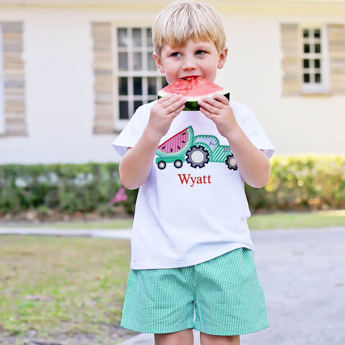 Sweet Watermelon Applique Green Gingham Short Set - Image 5