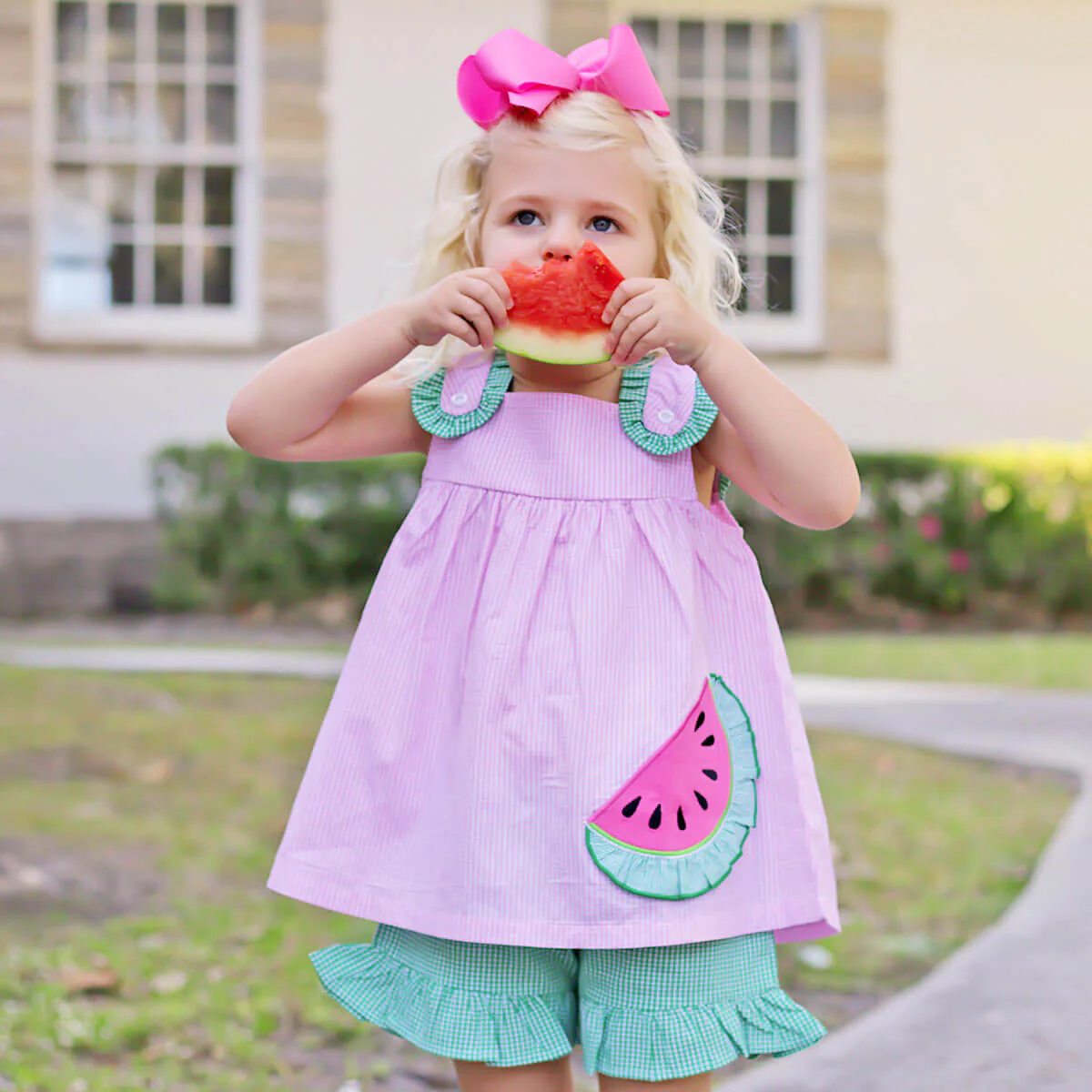 Sweet Watermelon Applique Pink Gingham Lulu Short Set - Image 4